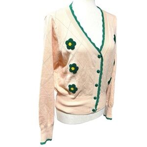 Belle Poque Pink Green Floral Cardigan Large Argyle Preppy  Academia Coquette